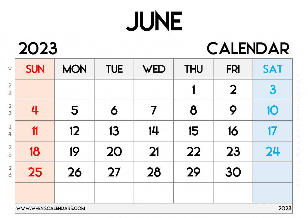 Free Printable June 2023 Calendar with Week Numbers Blank June 2023 Calendar PDF in Landscape