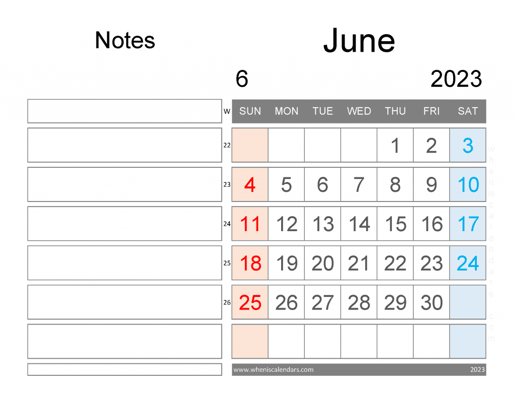 Free Blank June 2023 Calendar Printable Monthly with Notes PDF in Landscape