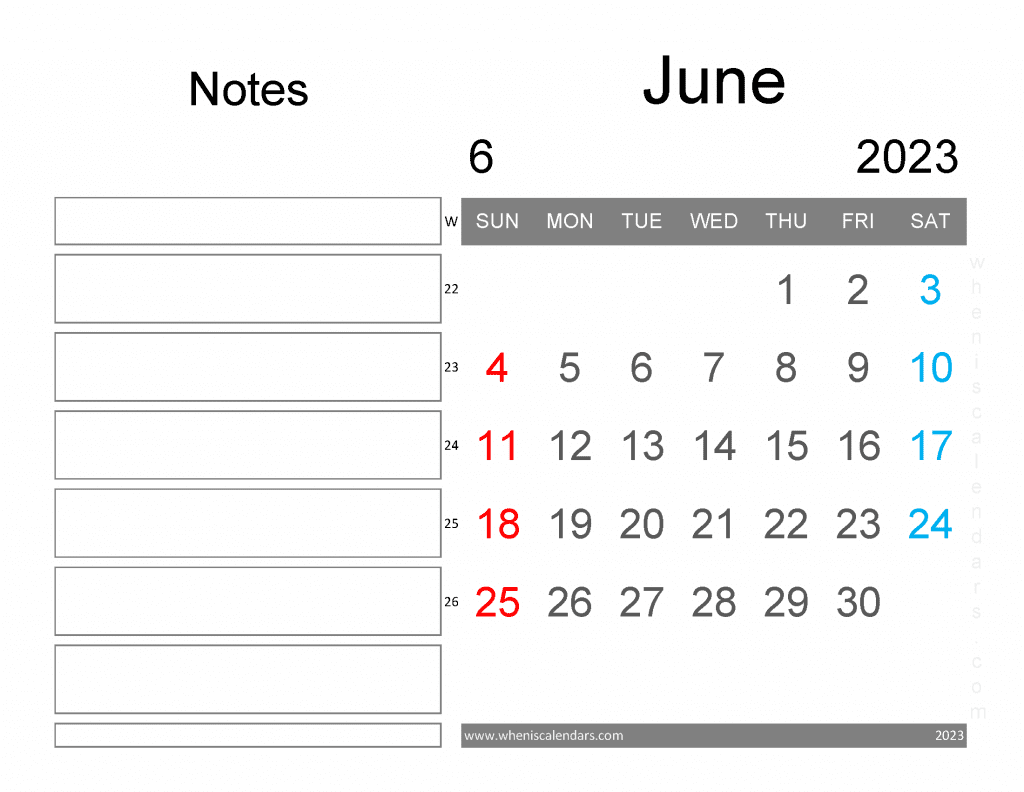 Free Blank June 2023 Calendar Printable Monthly with Notes PDF in Landscape