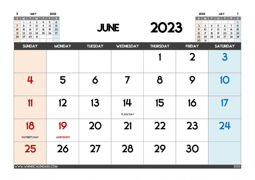 Downloadable Free Printable June 2023 Calendar with Holidays PDF in Landscape