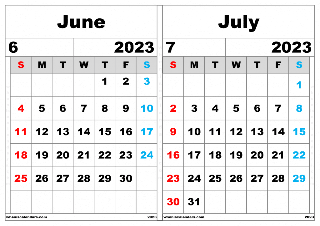 Free June July 2023 Calendar Printable Two Month On A Separate Page