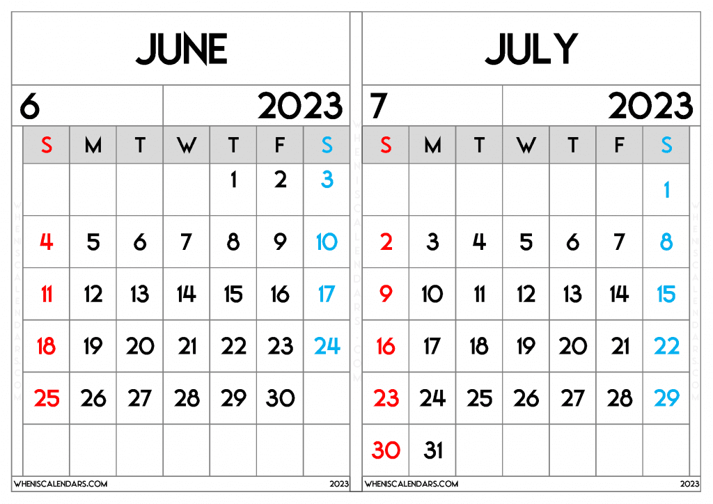 Free June July 2023 Calendar Printable Two Month On A Separate Page