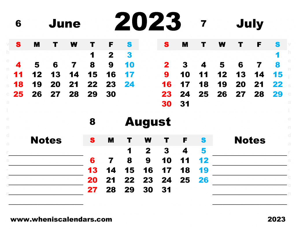 Free June July August 2023 Calendar Printable Quarterly Calendar 2023 PDF in Landscape