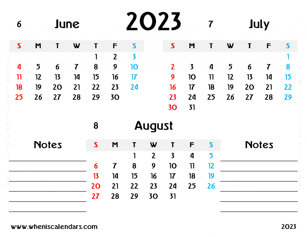 Free June July August 2023 Calendar Printable Quarterly Calendar 2023 PDF in Landscape