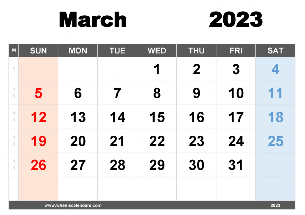 Free Printable March 2023 Calendar with Week Numbers