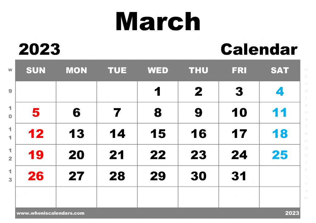 Free Printable March 2023 Calendar with Week Numbers Blank March 2023 Calendar PDF in Landscape