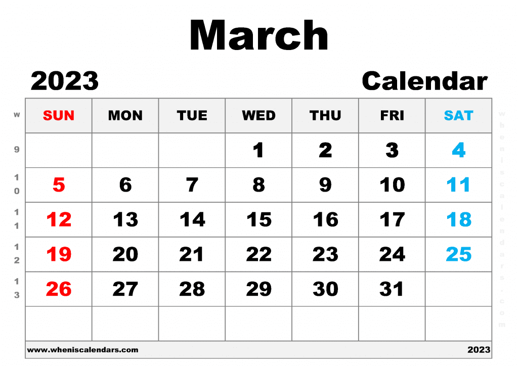 Free Printable March 2023 Calendar with Week Numbers Blank March 2023 Calendar PDF in Landscape