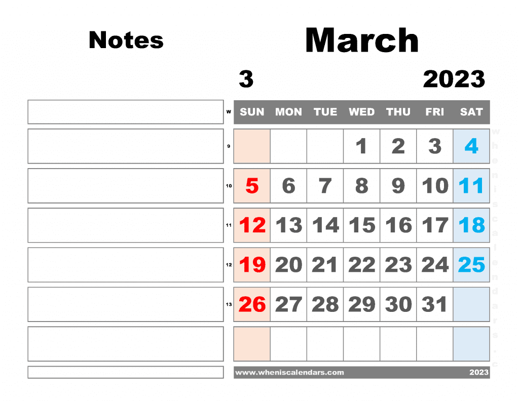 Free Blank March 2023 Calendar Printable Monthly Calendar with Notes PDF in Landscape