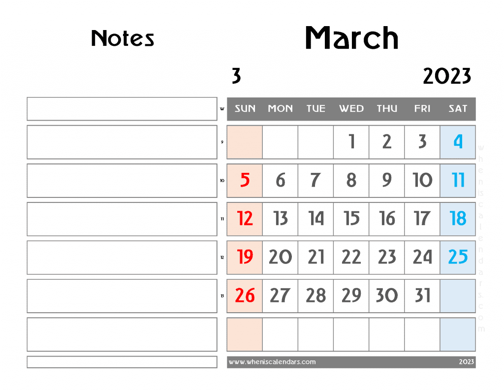Free Blank March 2023 Calendar Printable Monthly Calendar with Notes PDF in Landscape