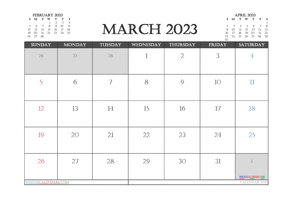 Free Printable March 2023 Calendar PDF in Landscape and Portrait
