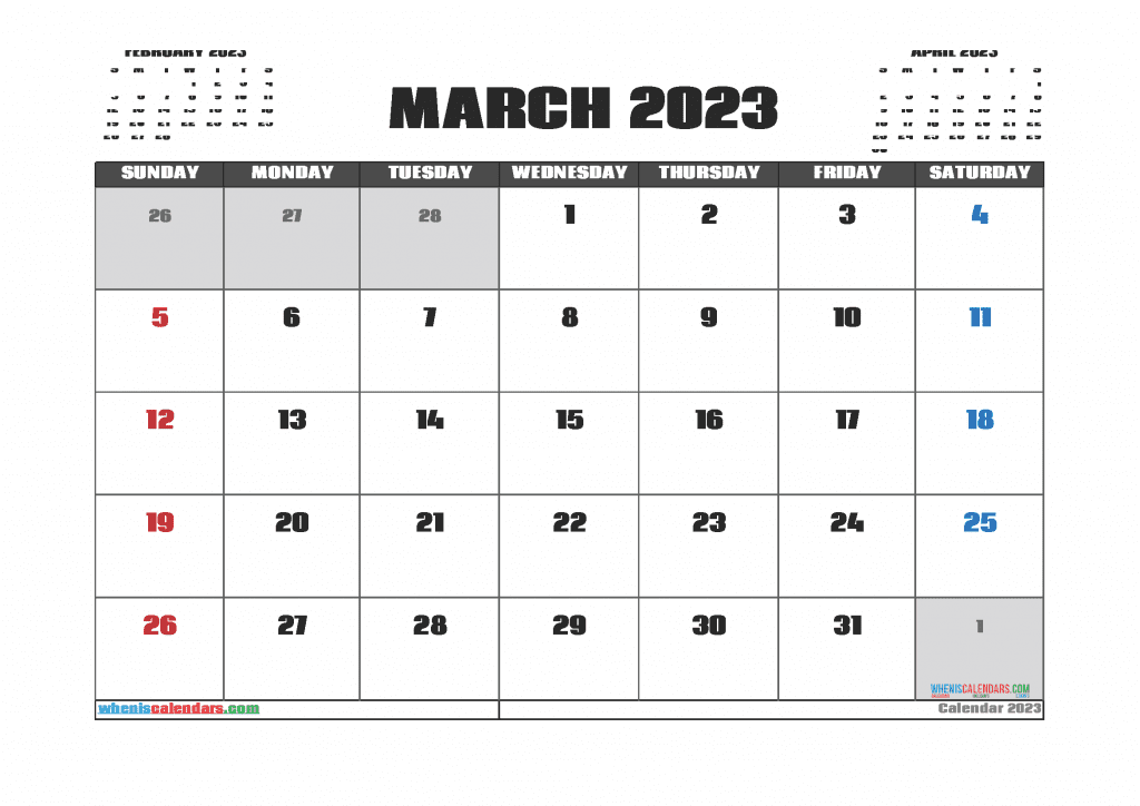 Free March 2023 Calendar Printable PDF in Landscape and Portrait