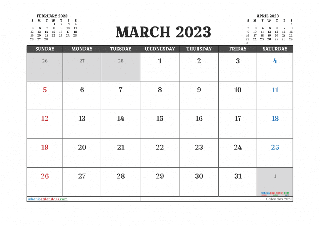 Free Printable March 2023 Calendar with Holidays PDF in Landscape and Portrait
