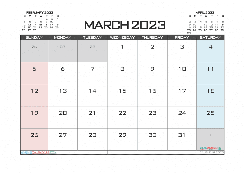 Free March 2023 Calendar with Holidays Printable PDF in Landscape and Portrait