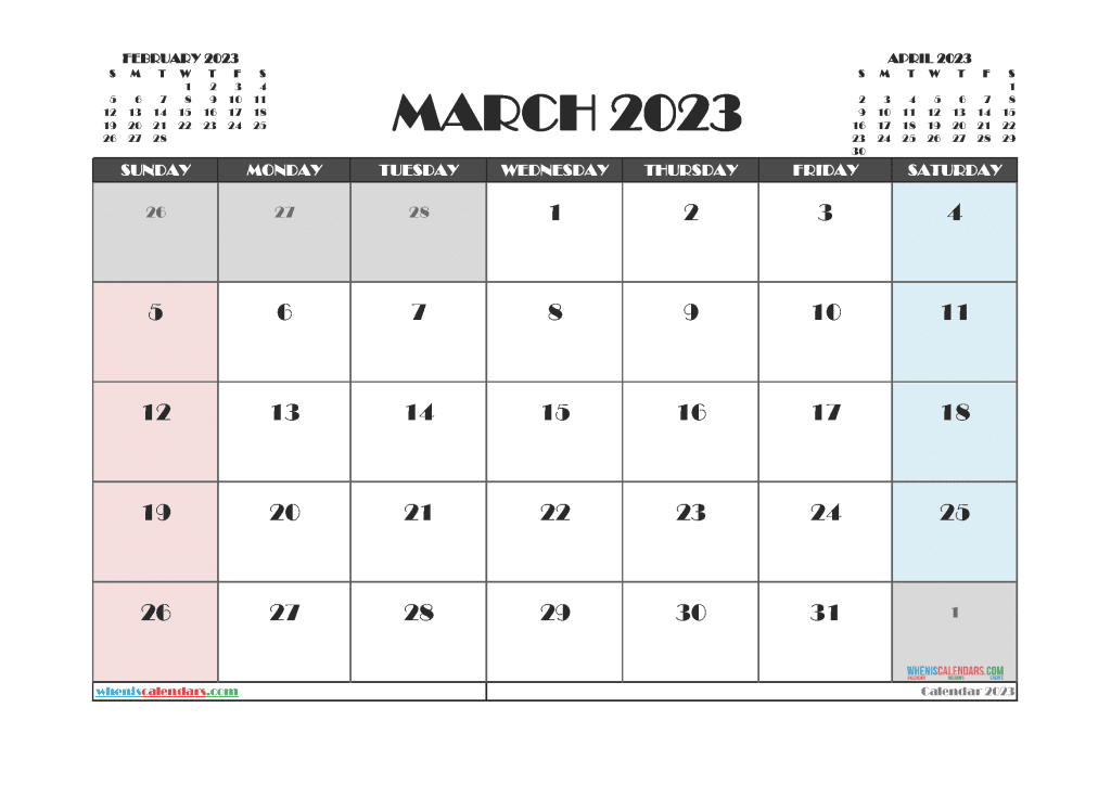 Free Printable March 2023 Calendar PDF in Landscape and Portrait