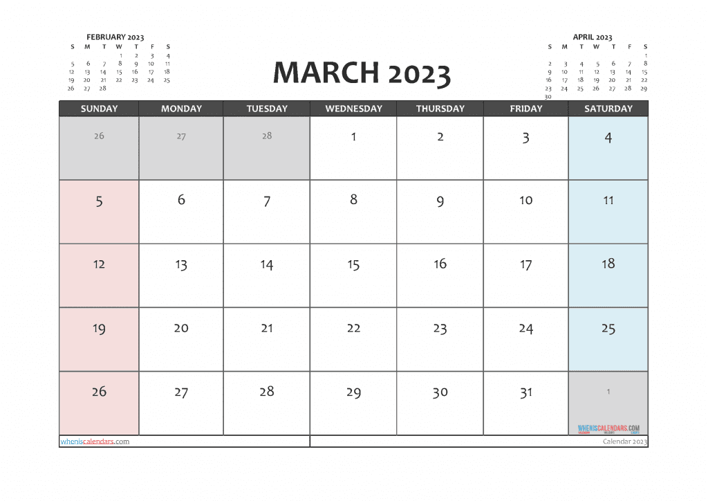 Free Printable March 2023 Calendar with Holidays PDF in Landscape