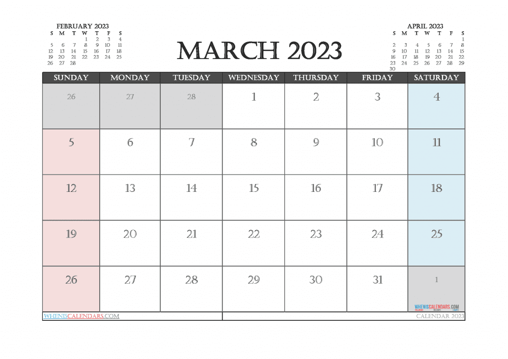 Free March 2023 Calendar Printable PDF in Landscape
