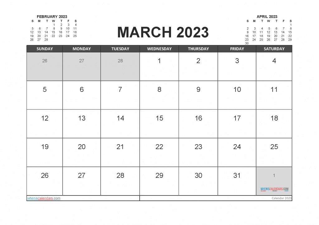 Free March 2023 Calendar with Holidays Printable PDF in Landscape and Portrait