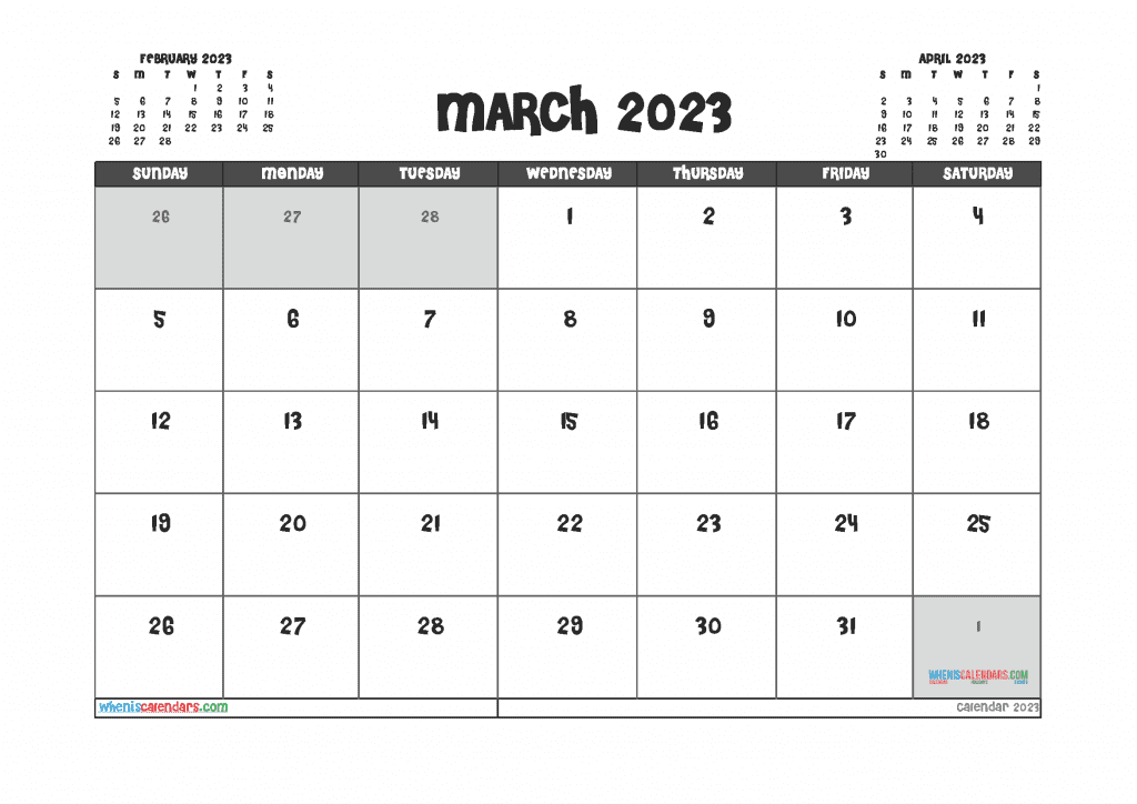 March 2023 Calendar with Holidays Free Printable PDF in Landscape and Portrait