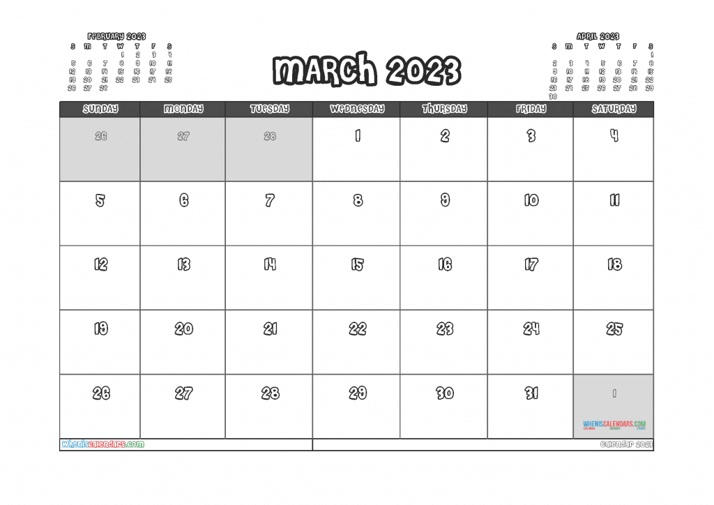 Free March 2023 Calendar Printable PDF in Landscape and Portrait