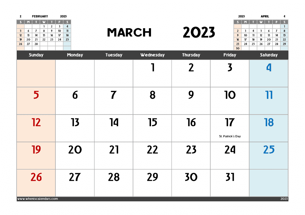 Downloadable Free Printable March 2023 Calendar with Holidays PDF in Landscape