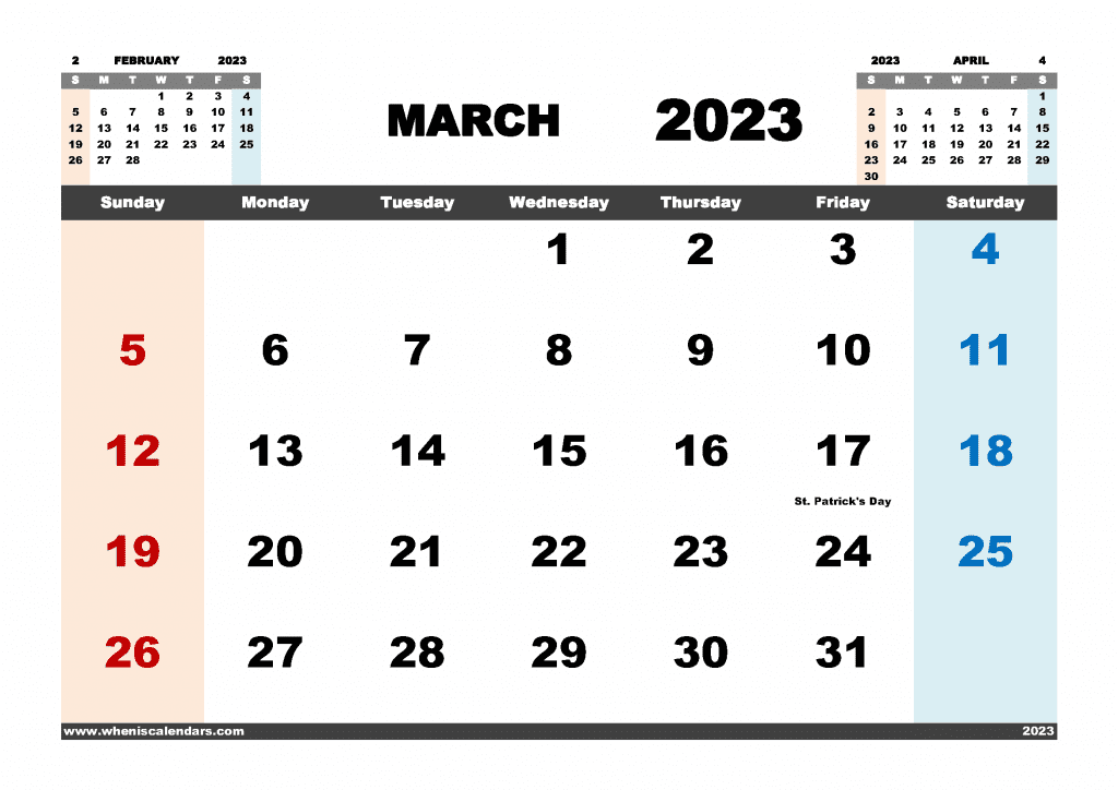 Downloadable Free Printable March 2023 Calendar with Holidays PDF in Landscape