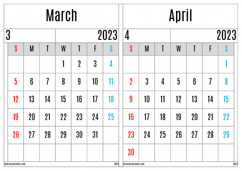 Free March April 2023 Calendar Printable Two Month On A Separate Page