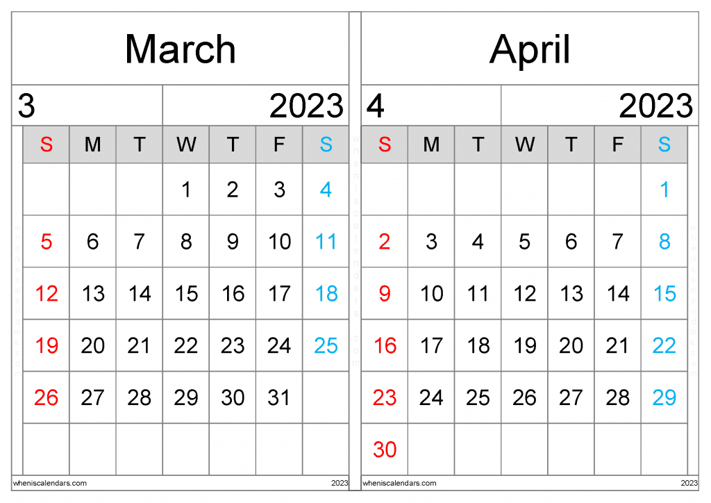 Free March April 2023 Calendar Printable PDF in Landscape Two Month Calendar 2023