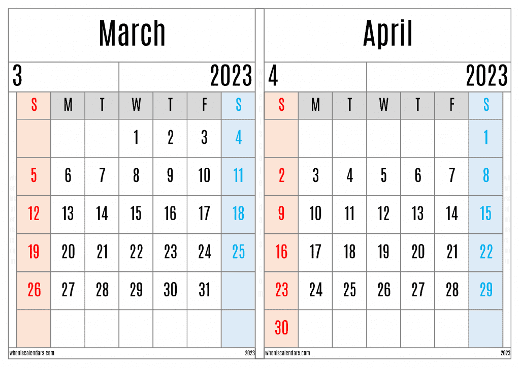 Free March and April 2023 Calendar Printable PDF in Landscape Two Month Calendar 2023 Colorful Design