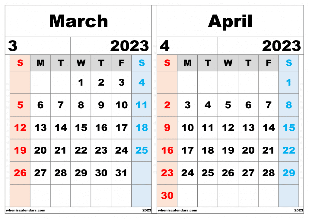 Free March and April 2023 Calendar Printable PDF in Landscape Two Month Calendar 2023