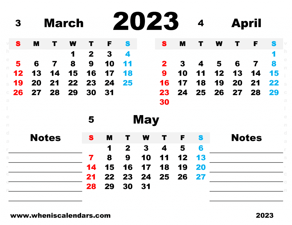 Free March April May 2023 Calendar Printable Quarterly Calendar 2023 PDF in Landscape