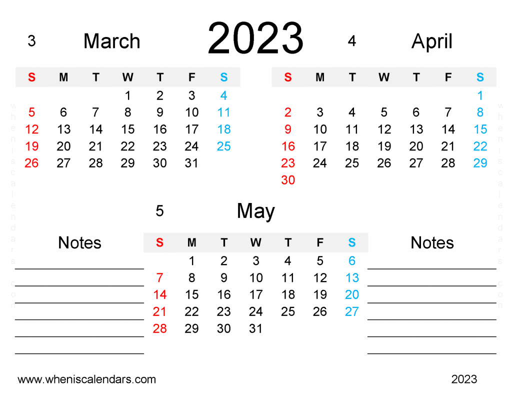 Free March April May 2023 Calendar Printable PDF in Landscape