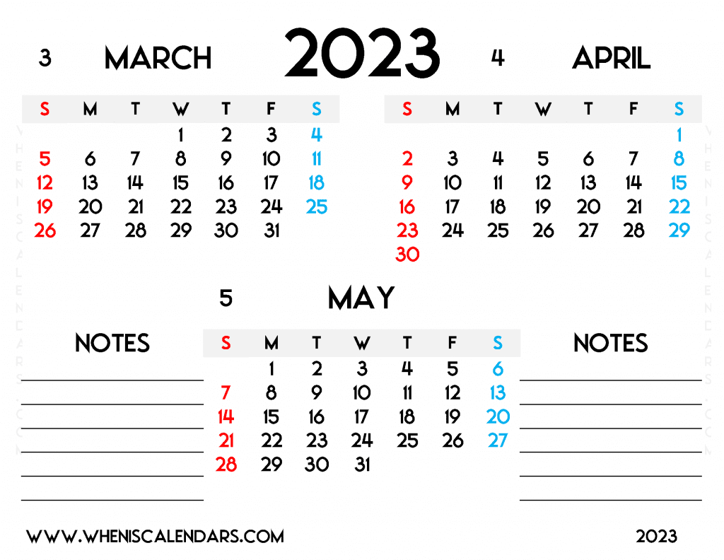 Free March April May 2023 Calendar Printable PDF in Landscape