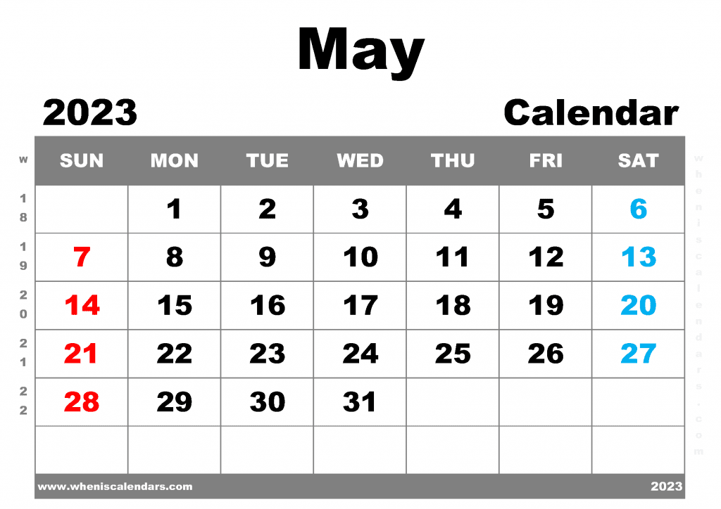 Free Printable May 2023 Calendar with Week Numbers Blank May 2023 Calendar PDF in Landscape