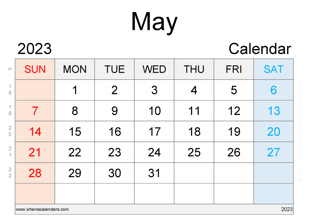 Free Printable May 2023 Calendar with Week Numbers Blank May 2023 Calendar PDF in Landscape