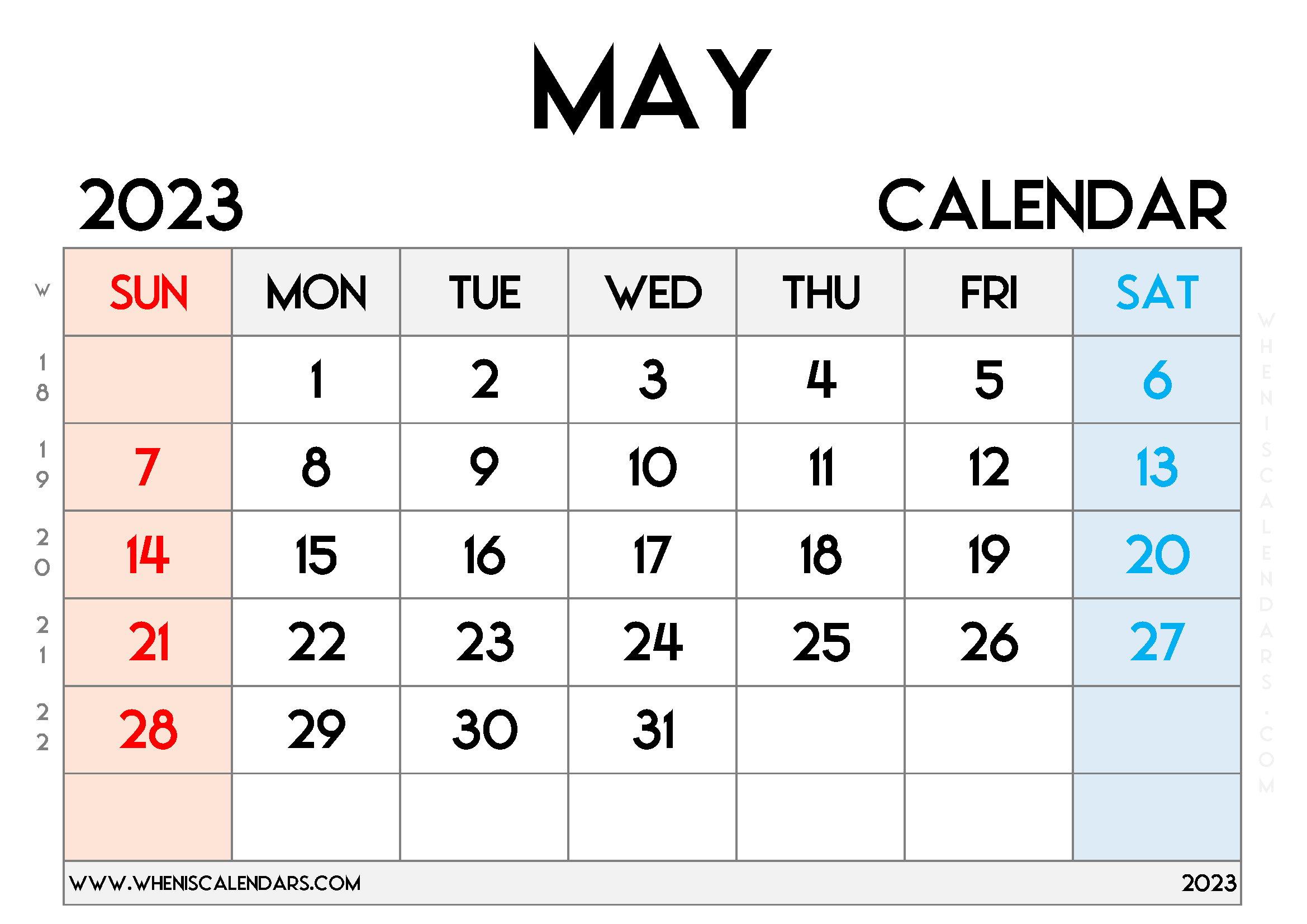Free Printable May 2023 Calendar With Week Numbers Pdf In Landscape