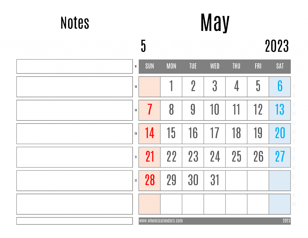 Free Blank May 2023 Calendar Printable Monthly with Notes PDF in Landscape