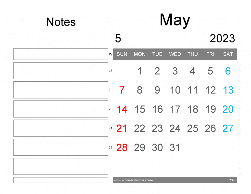 Free Blank May 2023 Calendar Printable Monthly with Notes PDF in Landscape