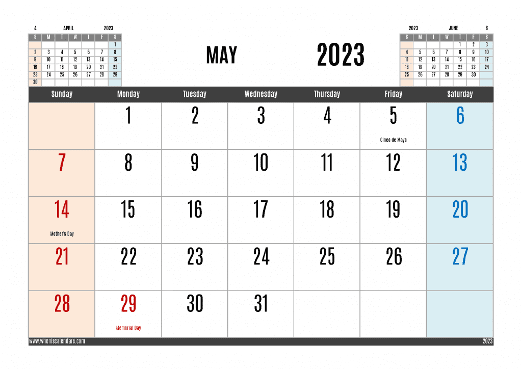 Free Printable May 2022 Calendar with Holidays PDF in Landscape