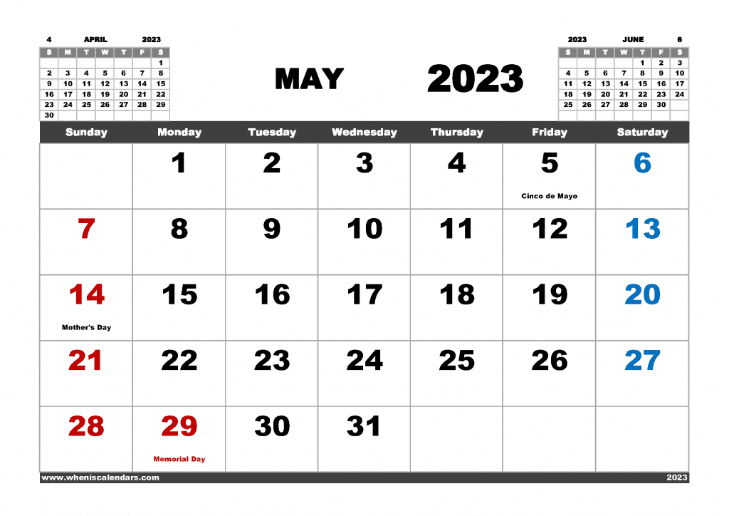 Free Printable May 2022 Calendar with Holidays PDF in Landscape