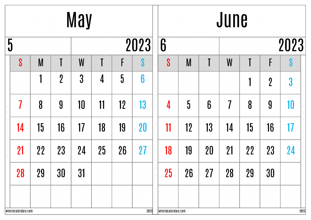 Free May June 2023 Calendar Printable Two Month On A Separate Page