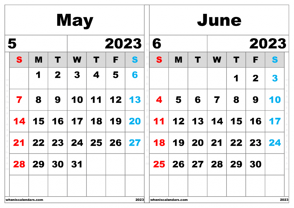 Free May and June 2023 Calendar Printable PDF in Landscape Two Month Calendar
