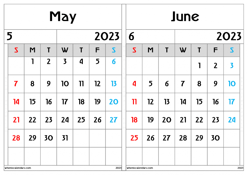 Free May and June 2023 Calendar Printable PDF in Landscape Two Month Calendar