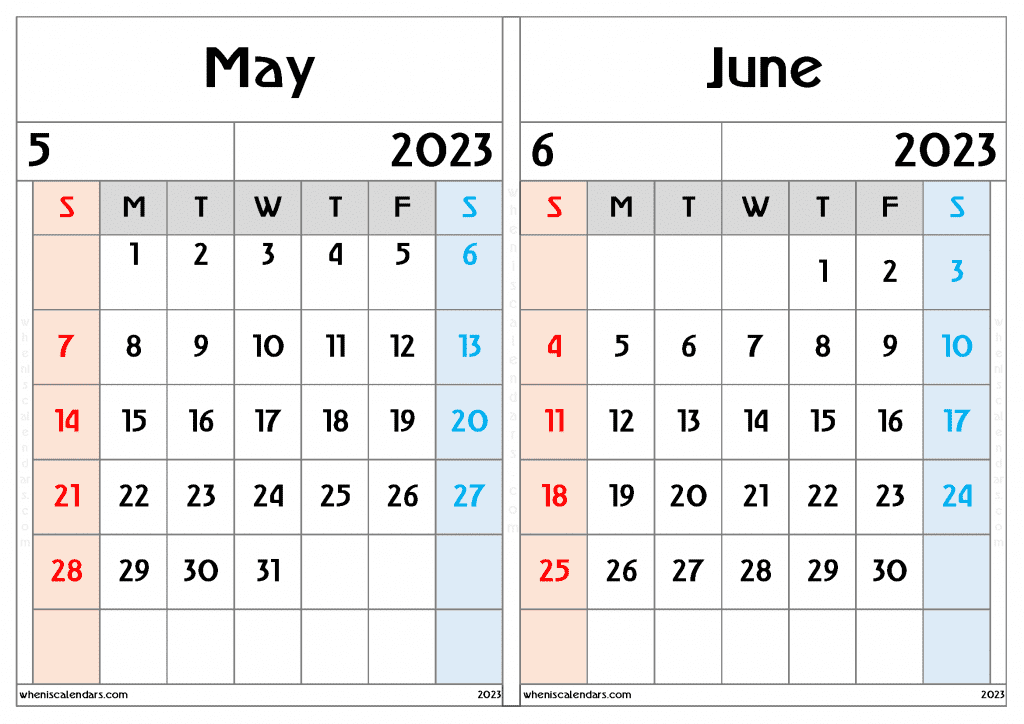 Free May June 2023 Calendar Printable Two Month On A Separate Page