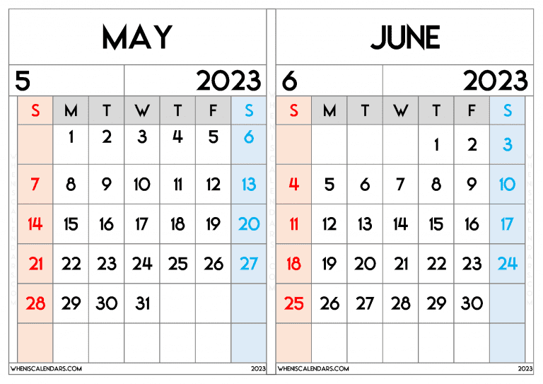Free May And June 2023 Calendar Printable PDF In Landscape Two Month