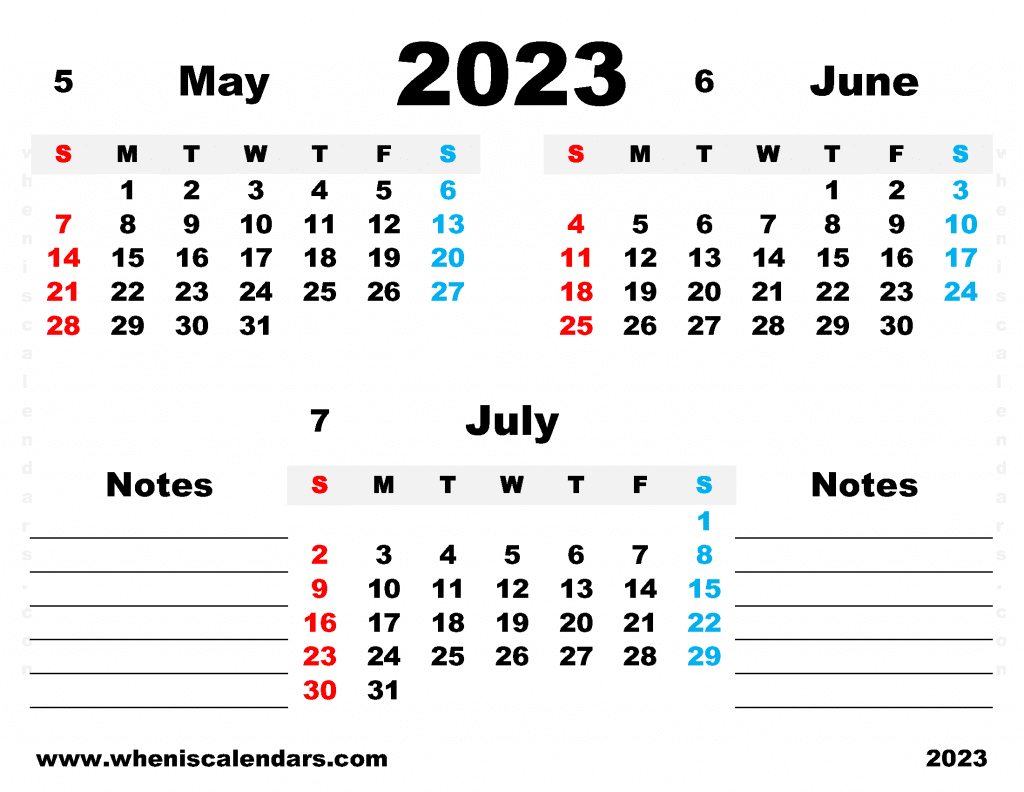 Free May June July 2023 Calendar Printable Quarterly Calendar 2023 PDF in Landscape