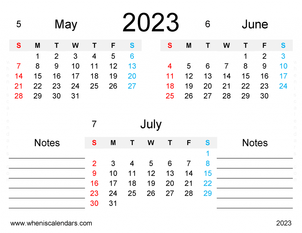 Free May June July 2023 Calendar Printable Quarterly Calendar 2023 PDF in Landscape