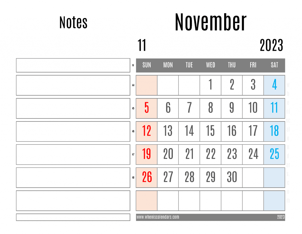 Downloadable Blank November 2023 Calendar free blank calendar 2023 printable with large space for notes PDF in Landscape