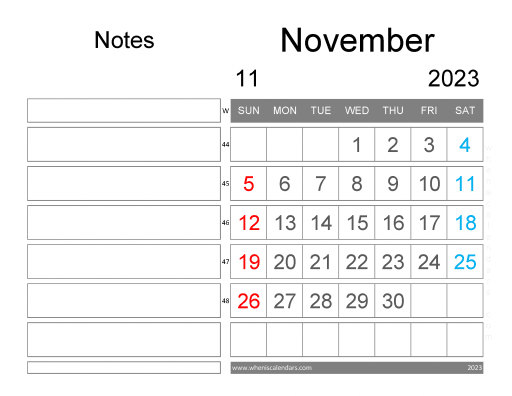 Free Blank November 2023 Calendar Printable Monthly Calendar with Notes PDF in Landscape