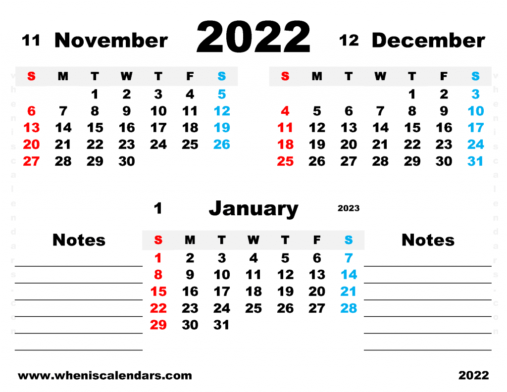 Free November December 2022 January 2023 Calendar Printable Pdf In