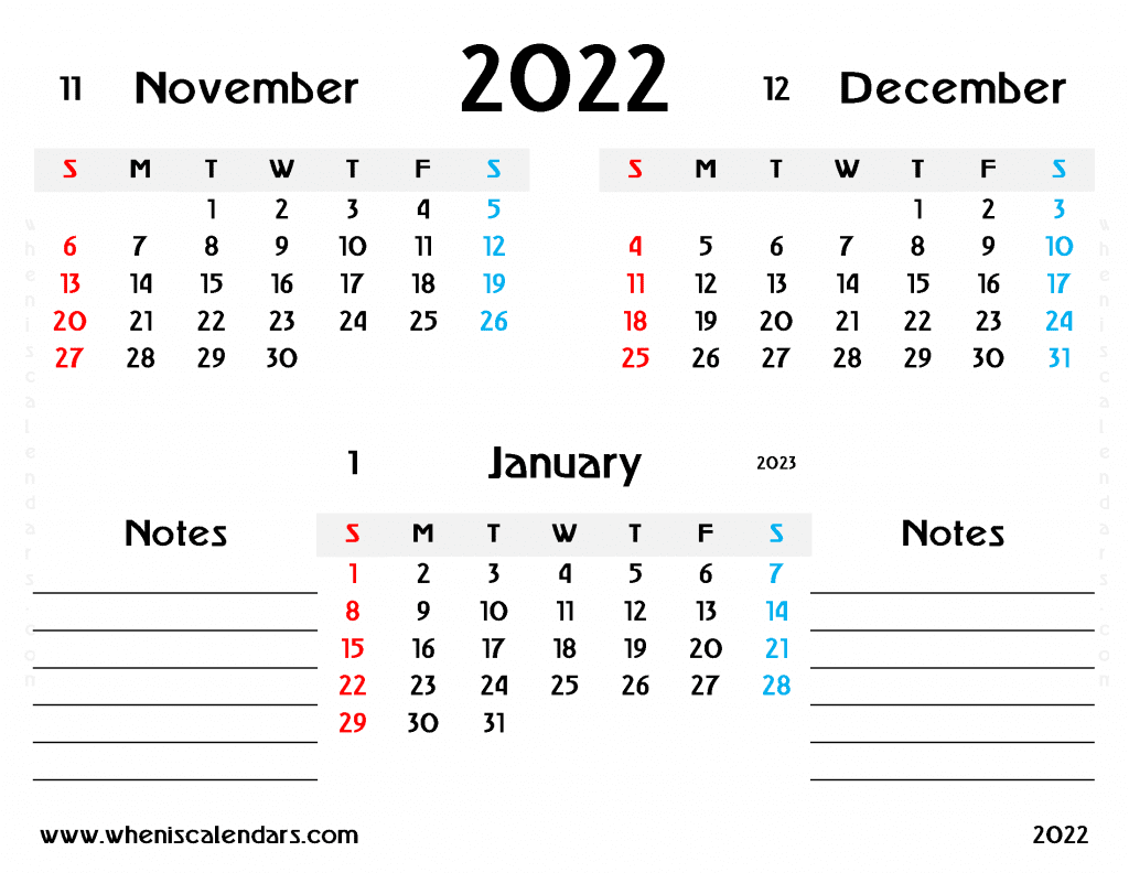 Downloadable Free November December 2022 January 2023 Calendar Printable PDF in Landscape